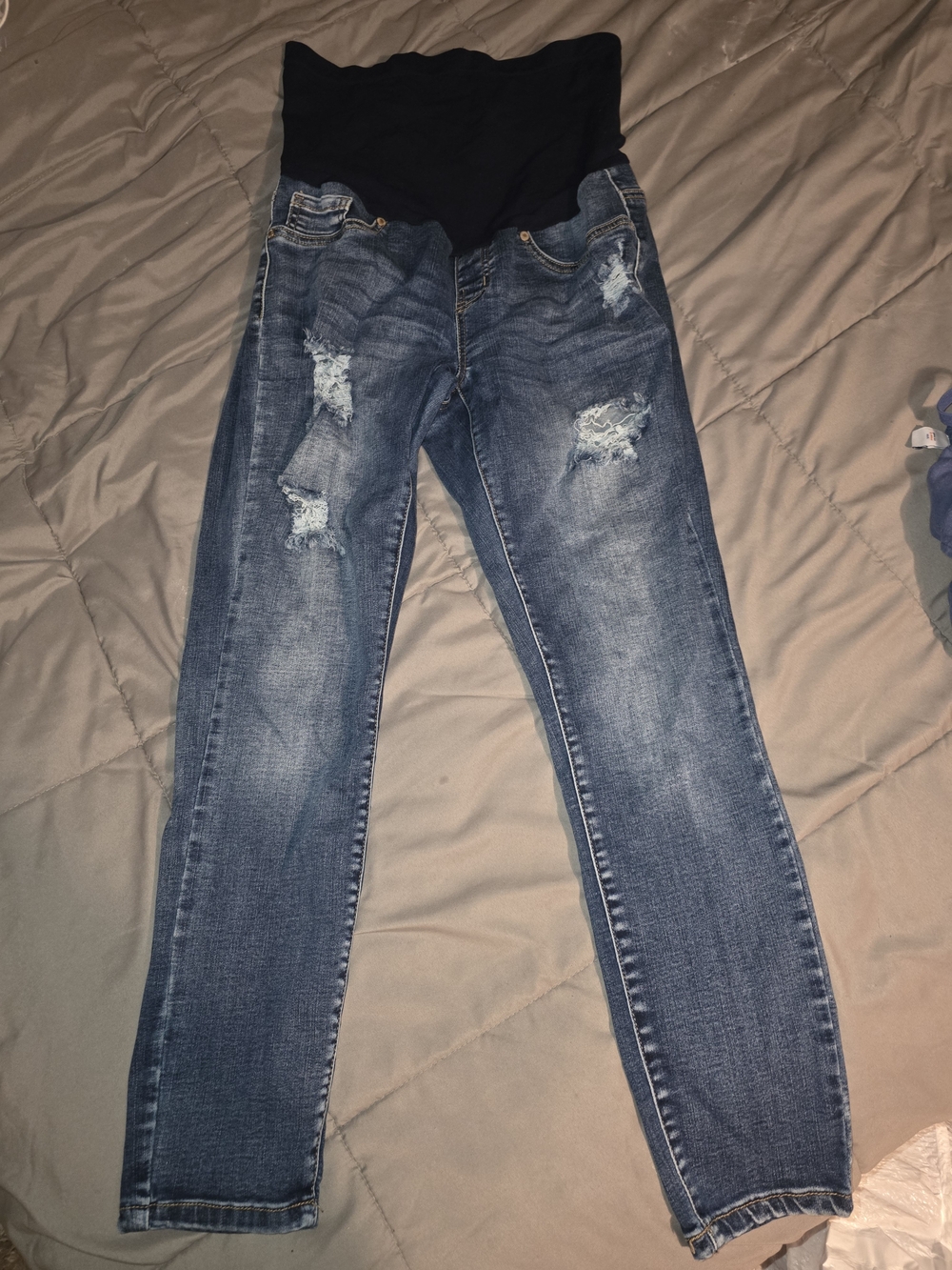 Maternity Distressed Blue Denim Jeggings with Black Stretch Waist